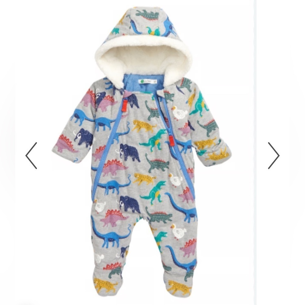 NEW Mini Boden Dinosaur Print Hooded Bunting Snowsuit Size 12 18 Months